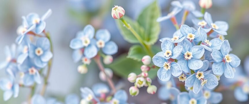 Delicate watercolor forget-me-nots, blossoms & buds, blue & white hues, soft texture, forget-me-not,  watercolor