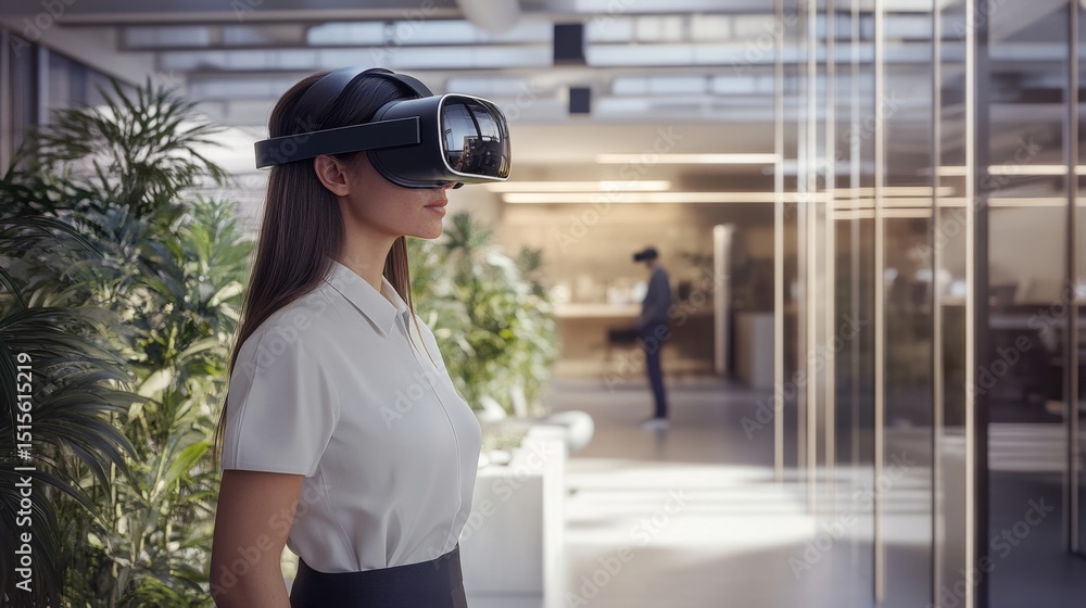 Poster transforming workspaces exploring futuristic virtual reality offices with vr headsets in modern busi