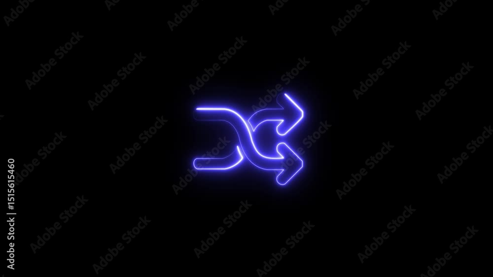 Poster glowing neon shuffle symbol animated on black background. animated shuffle icon, color editable. shu