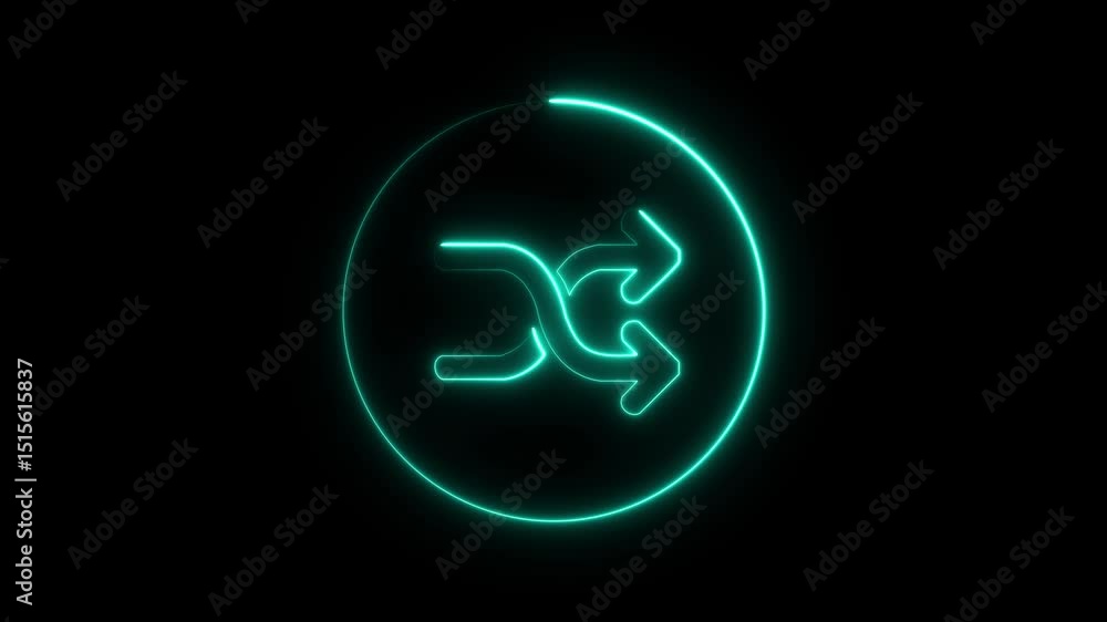 Poster glowing neon shuffle symbol animated on black background. animated shuffle icon, color editable. shu