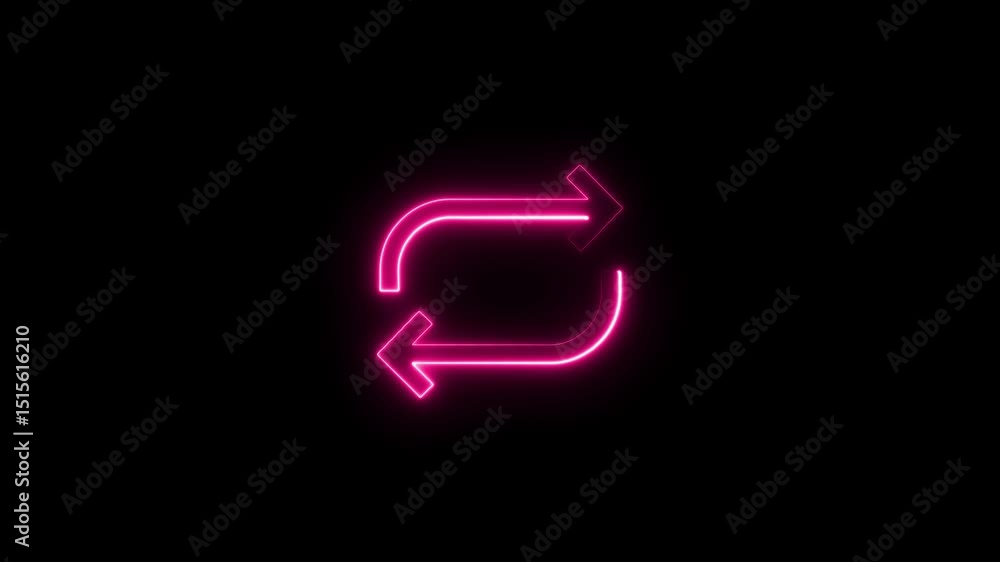 Poster glowing neon shuffle symbol animated on black background. animated shuffle icon, color editable. shu