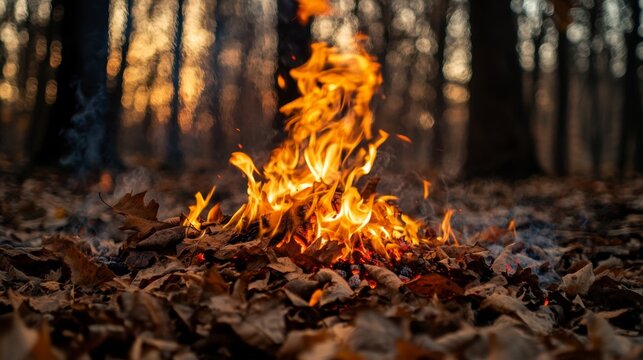 Flames consuming dry leaves in a forest nature scene fire event autumn environment close-up view wildfire concept