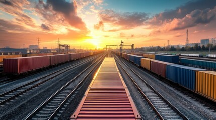 Fototapeta premium Loading freight containers onto railway wagons at sunset industrial transport scene railway yard aerial view freight logistics