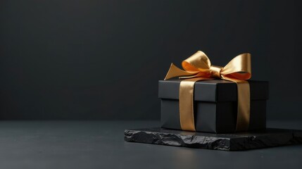 A luxuriously wrapped black gift box adorned with a golden ribbon, elegantly presented on a dark stone surface against a stark black background.
