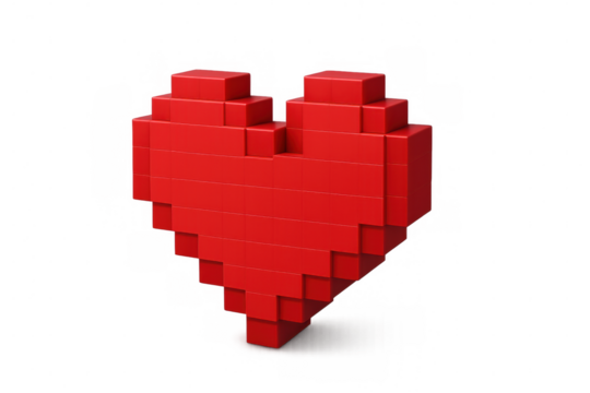 Pixelated red heart representing digital love, passion, romantic sentiments glowing against neutral background