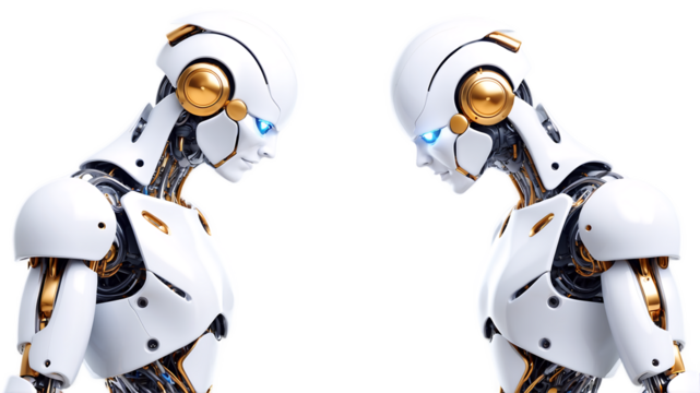 Advanced Robotics Two Humanoid Robots Facing Each Other in a Futuristic Setting