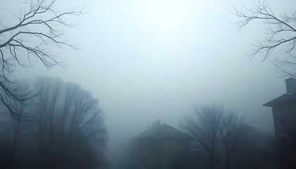 house in the fog with trees in the foreground