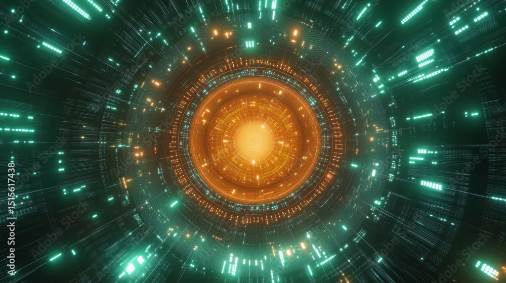 Poster radiating glowing data patterns from a central hub digital environment abstract visualization futuri