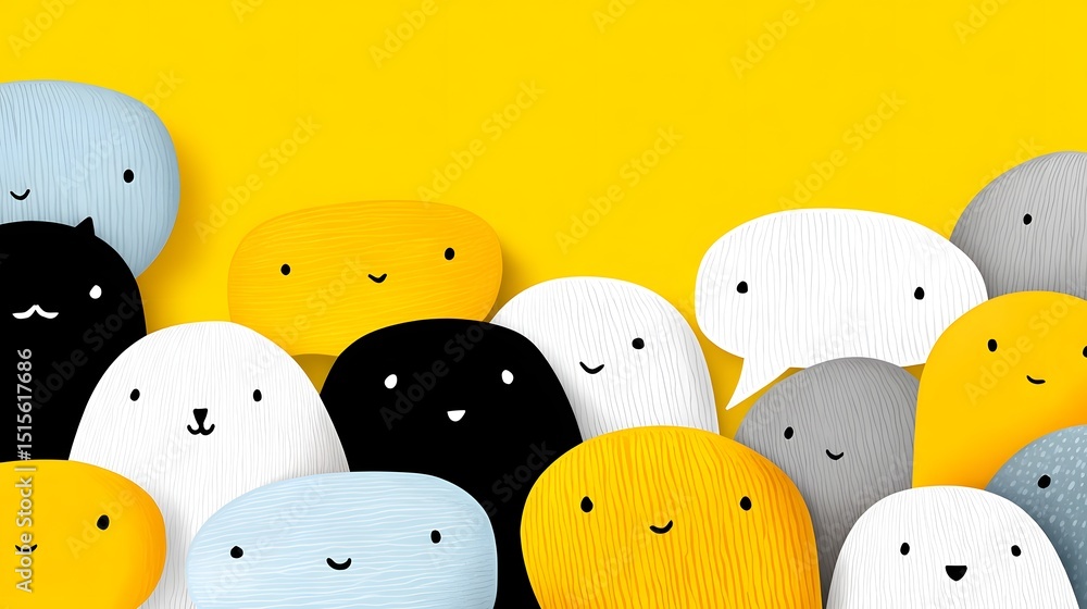 Poster a collection of colorful speech bubbles with emotive expressions. long_title:a whimsical featuring a