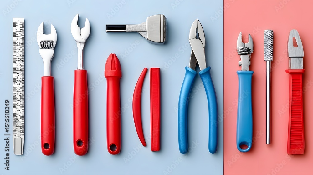 Aufkleber a symmetrical layout of various red and blue diy tools. long_title:a top-down flatlay image displayi
