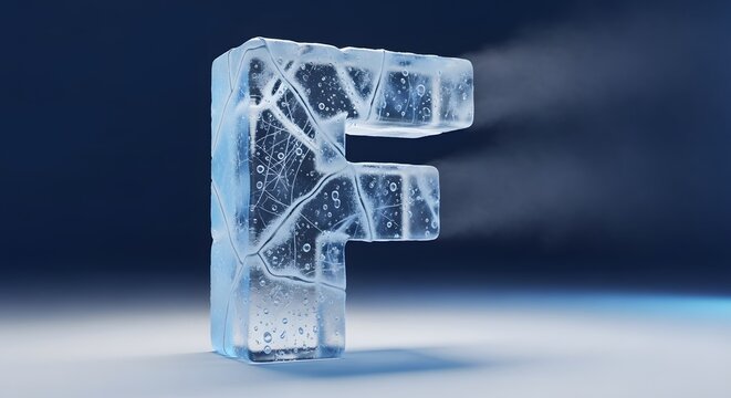 Ice letter F: Frozen alphabet, 3D rendering, cold winter, glacial, frost, icy, crystal, transparent,  blue background, freezing, chilling, winter wonderland, frozen font, ice cubes,  ice sculpture