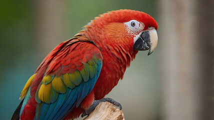 A close-up of a red parrot with vibrant plumage