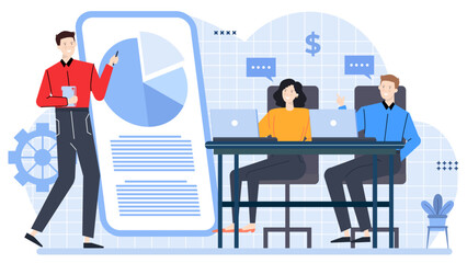 Man in a red shirt presenting a pie chart to two coworkers. Suitable for business presentations, teamwork, financial discussions, and office collaboration.