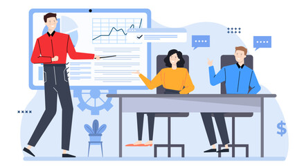 Man presenting to colleagues, teamwork concept, professional communication, business meeting, corporate presentation, team collaboration, office discussion, project planning.