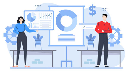 Title Two people giving a presentation with charts. Suitable for business presentations, educational materials, infographics, and marketing materials.
