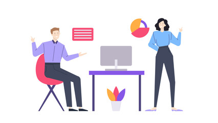 Obraz premium Two people working in an office together, suitable for business and workplace concepts, teamwork, collaboration, corporate environment, office setting.