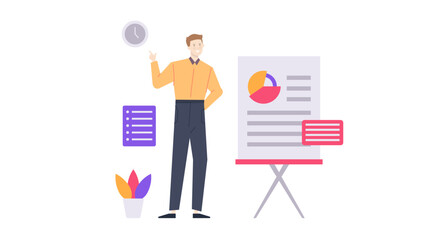 Man presenting pie chart on stand, suitable for business presentations, financial reports, statistics analysis, data visualization concepts.