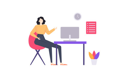 Woman at desk with computer on a red chair. Suitable for office, remote work, blog, entrepreneurship, technology, workspace concepts.