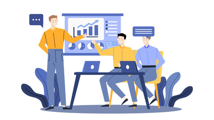 Three men presenting graph and table. Suitable for business presentations, data analysis concepts, teamwork in the workplace visuals.