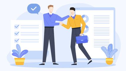 Two men in professional attire shaking hands in an office setting. Suitable for business, partnership, teamwork or agreement concepts.