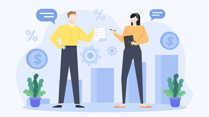 Two people discussing finances with a checklist and a tablet. Suitable for financial planning, investment, business meetings, and financial consultations.