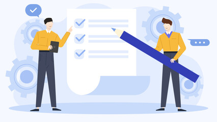 Two men reviewing a checklist with a large blue pencil. Ideal for business, project management, task completion, teamwork concepts.