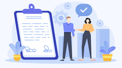 Business partners sealing deal with a handshake and signed document. Suitable for business agreements, partnership concepts, successful collaboration, teamwork.