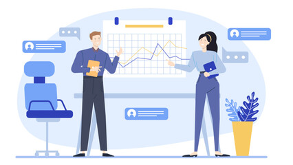 Ideal for business presentations or educational content. Two people, male and female, explain a bar graph on a whiteboard.