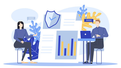 Two individuals discussing a shield and a chart, suitable for business presentations, teamwork concepts, collaboration discussions, strategy planning visuals.