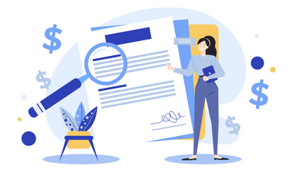 Woman pointing to a document with magnifying glass suitable for investigation, research, verification, inspection, audit, analysis, scrutiny concepts.