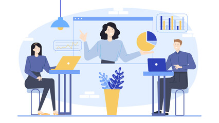 Three people collaborating in a professional setting, ideal for illustrating teamwork, communication, and corporate strategy concepts. Great for presentations.