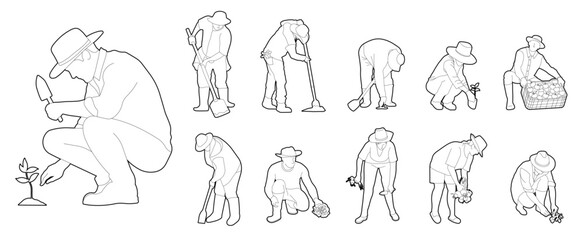 Country people crouching, farmers gardeners florists flower growers and editable line drawings in vector