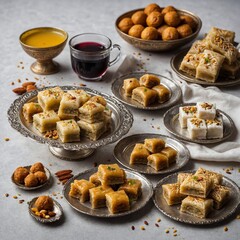 Eid ul Azha sweets like sheer khurma and baklava, white background