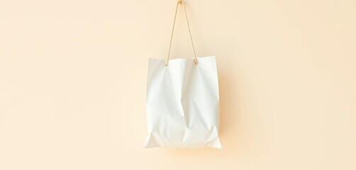 Plain white paper bag hangs loosely on a pale wall,  beige,   clean