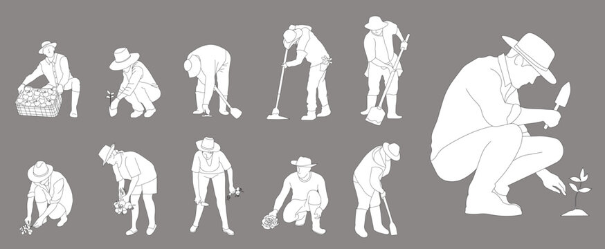 Country people lowered in line for projects gardeners florists farmers flower growers and editable line drawings in vector 2d