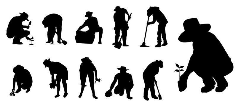 Silhouette of farmers, gardeners, florists, flower growers and country people