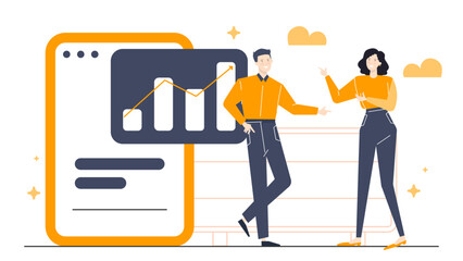 Two people discussing a graph on a smartphone, suitable for business presentations, technology concepts, teamwork, and communication themes.