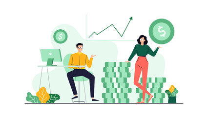 Man sitting at a computer as woman stands next to piles of money. Suitable for finance, family budget, online work concepts.