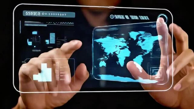 Close-up shot of human hands interacting with a futuristic transparent holographic touchscreen interface. The display shows digital elements such as a glowing world map, charts, and data panels.