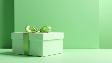A subtly elegant light green gift box with a matching ribbon, presented against a soft pastel backdrop, perfect for showcasing spring or summer product launches or celebrating special occasions