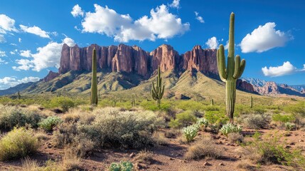 Majestic Saguaro Cacti and the Arizona's Superstition Mountains