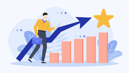 Man walking up blue arrow to gold star, symbolizing progress towards success. Business motivation, goal achievement, career growth concepts.