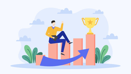 Man on bar graph with arrow pointing to trophy. Suitable for success, achievement, growth, business, motivation, and goal concept designs.