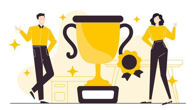 Golden trophy displayed between two people celebrating victory. Suitable for success, achievement, teamwork, competition, recognition, awards, and accomplishments concept designs.