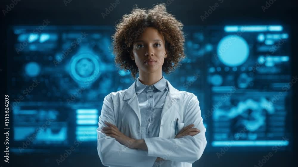 Poster confident scientist: an engaging scientist with a determined look stands at the center of a futurist