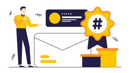 Man next to an envelope with a hashtag on a podium, suitable for social media concepts or online communication themes.