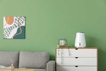 Air humidifier with plant on chest of drawers near green wall in living room