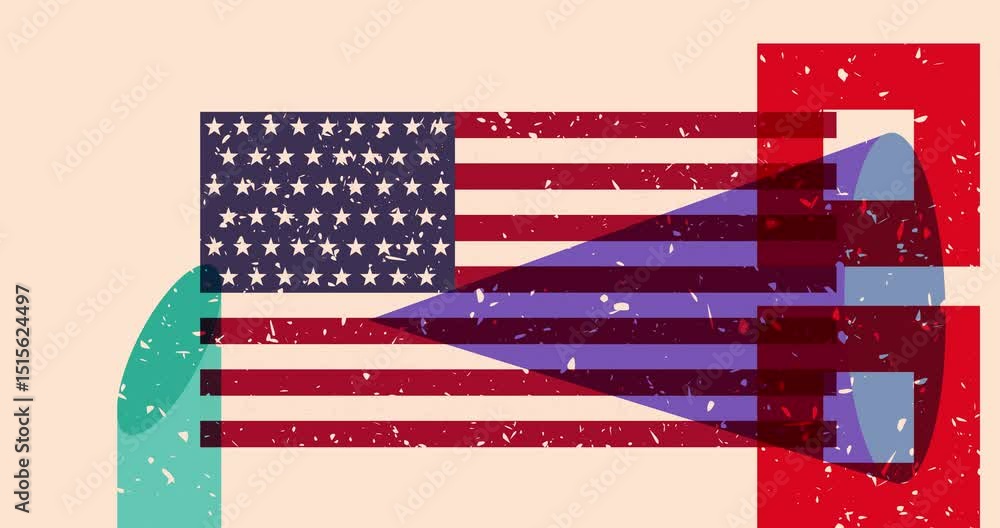 Poster risograph american flag with geometric shapes animation. moving object in trendy riso graph design v