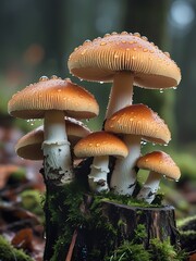 Closeup of Mushrooms with Water Droplets on Mossy Stump
