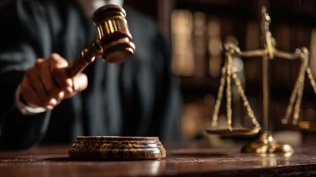 Judge Gavel and Scales of Justice: A judge's hand powerfully brings down a gavel, signifying a verdict, with scales of justice subtly in the background, illustrating legal judgment and fairness. 